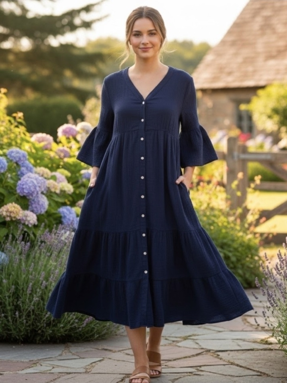 Caslon Navy Tiered Button-Front Midi Dress
